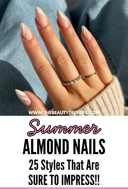 hand with white minimalist swirl manicure and text overlay summer almond nails