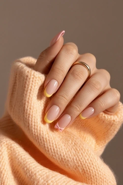 hand with yellow french tip nails 3d design with pink bow