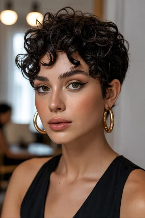 woman with short espresso brown hair and brown eyes