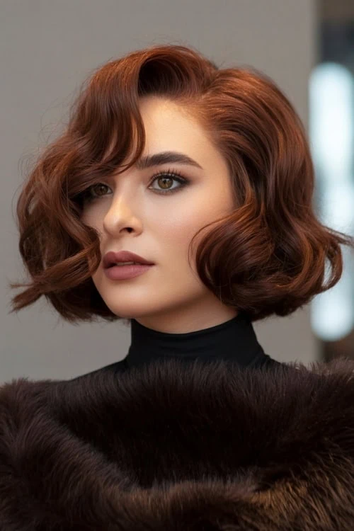 woman with an auburn bob and brown eyes