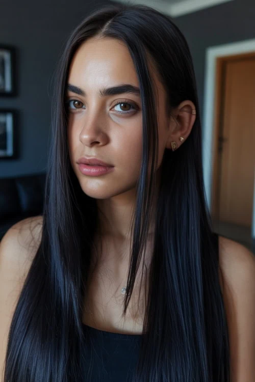 woman with long straight blue-black hair color and brown eyes