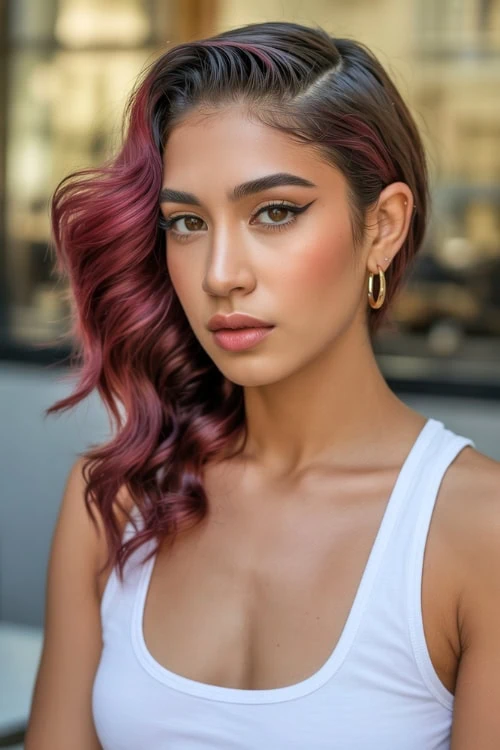 woman with brown eye and burgundy hair color