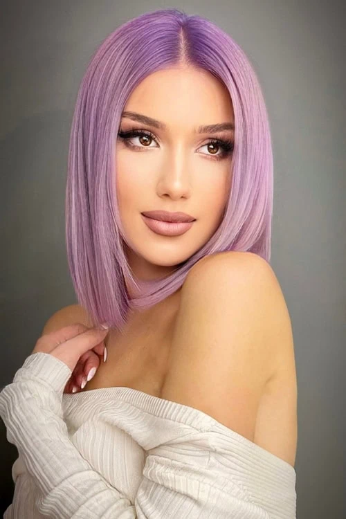 woman with brown eyes and lilac or lavender hair color