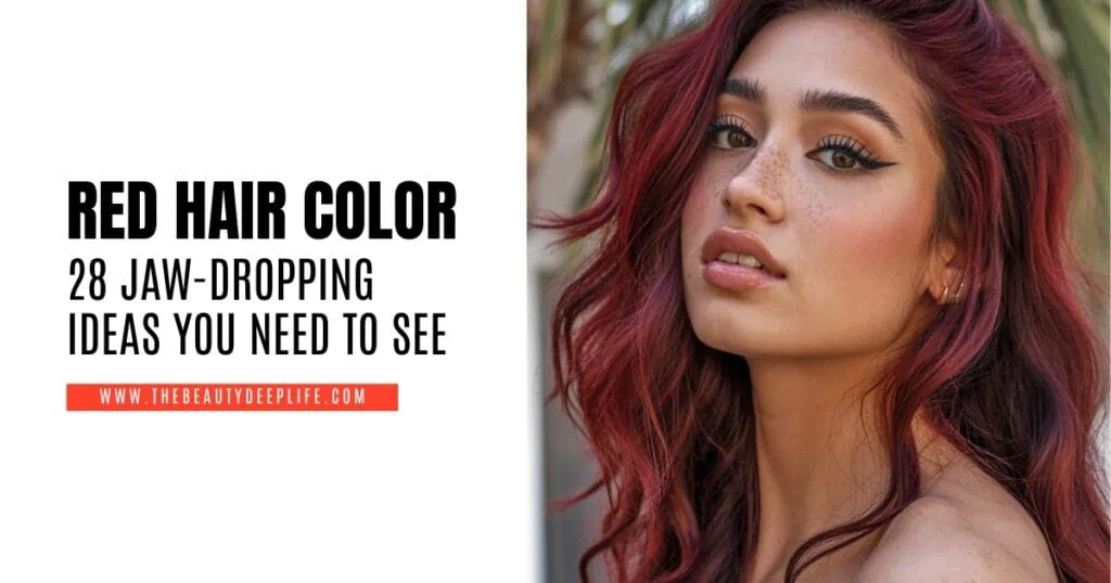 young woman with long hair and text overlay red hair color