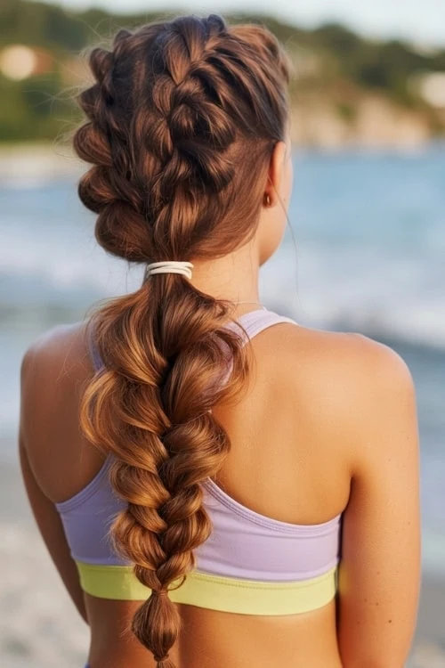 young woman with a braided summer hairstyle on the beach