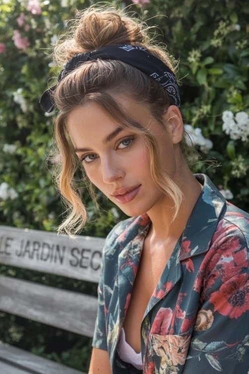 woman with messy bun and bandana for summer
