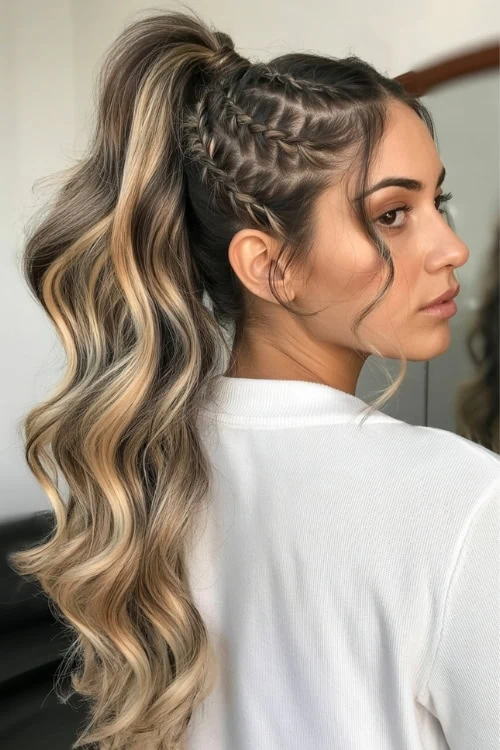 young woman with a braided hairstyle with cornrows and a high ponytail