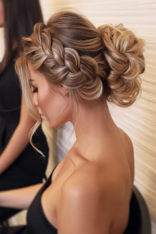 young woman with an elegant braided updo hairstyle