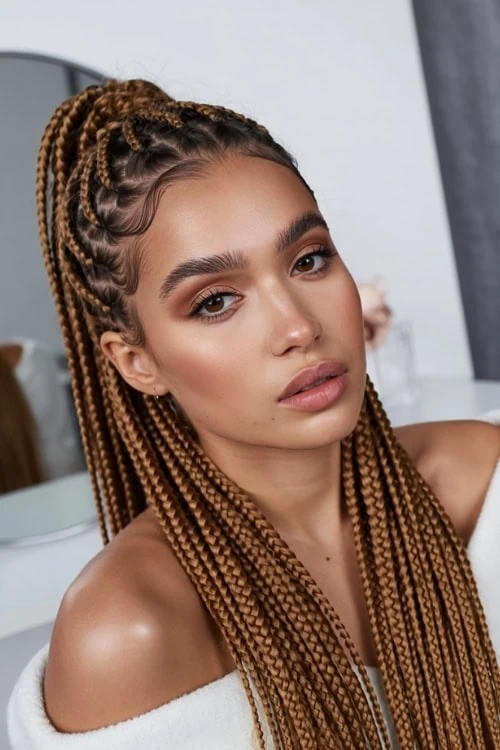 young woman with a braided hairstyle of half up braids