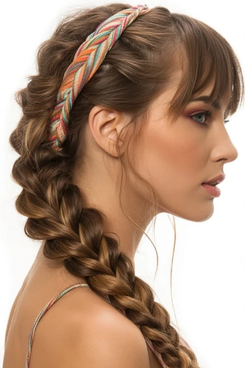 young woman with a braided hairstyle of a side braid and headband