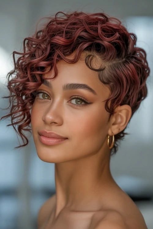 young black woman with a short burgundy red hair color