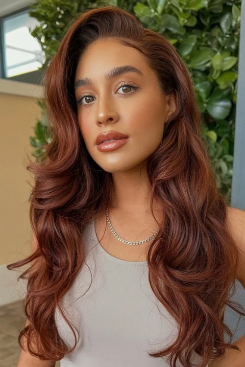 beautiful young woman with long hair that is cowgirl copper red color