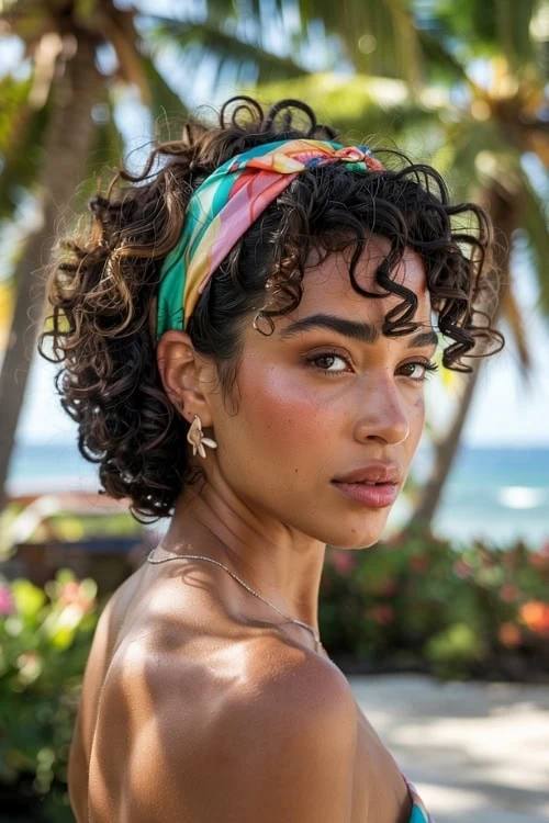 young woman with curly hair on the beach