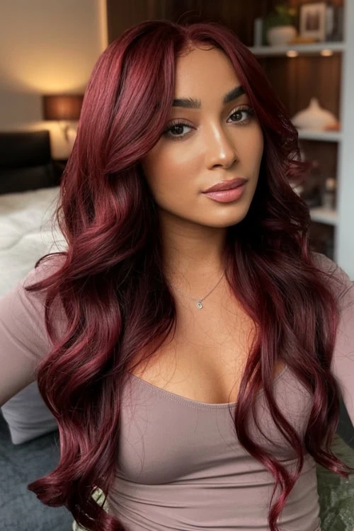 young woman with long burgundy red hair color
