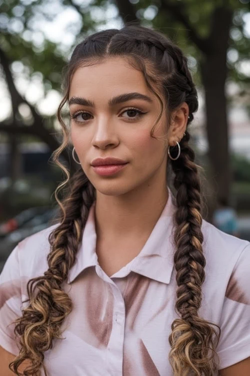 young woman with a cute summer hairstyle of dutch braids