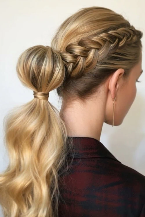 young woman with a french braid into bubble braid ponytail