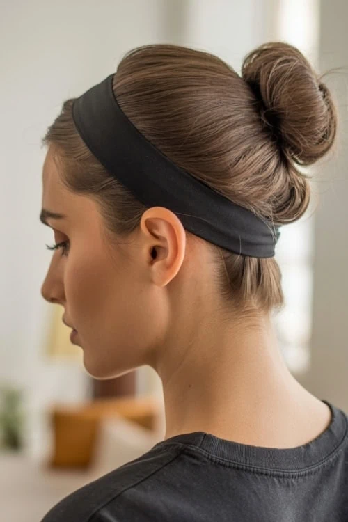 young woman with a headband and bun for summer