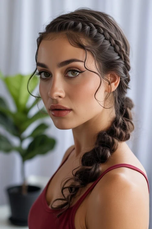 young woman with an intricate side braided hairstyle