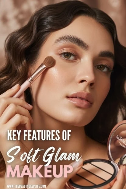 woman applying makeup with text overlay key features of soft glam makeup