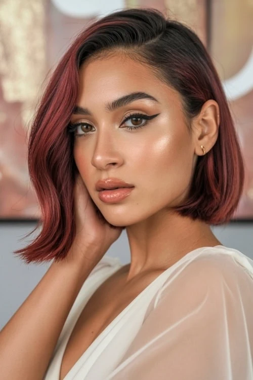woman with bob length burgundy red hair color
