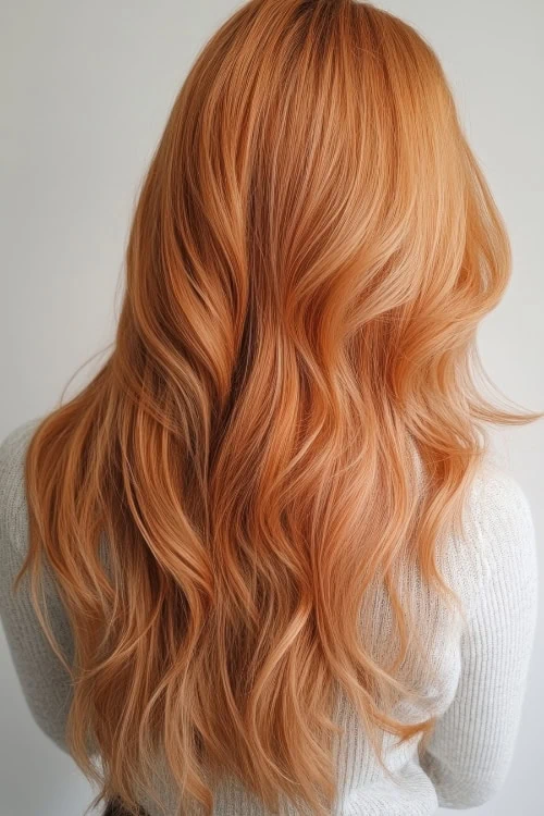 back of a woman's head with long ginger red hair color