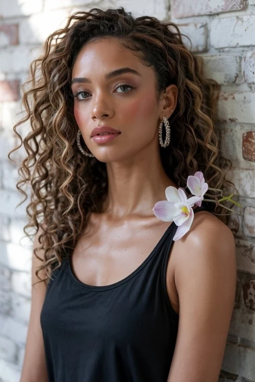 young woman with curly summer hairstyle 