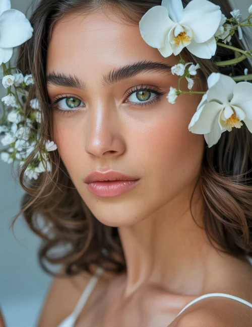 beautiful bride with soft glam makeup look and flowers around her face