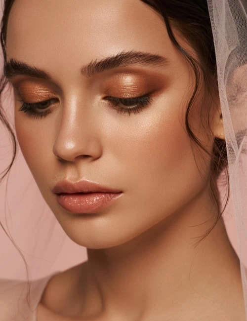 bride with a coppery soft glam makeup look