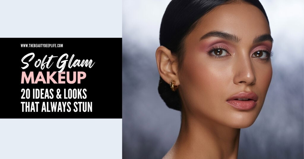 woman with beautiful makeup and text overlay soft glam makeup