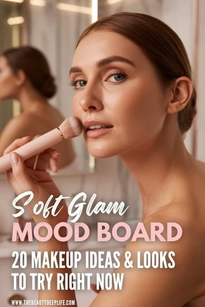 woman applying makeup with text overlay soft glam moode board 20 makeup ideas and looks