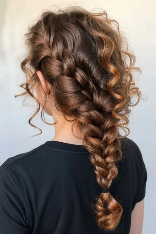 young woman with a braided summer hairstyle with curls