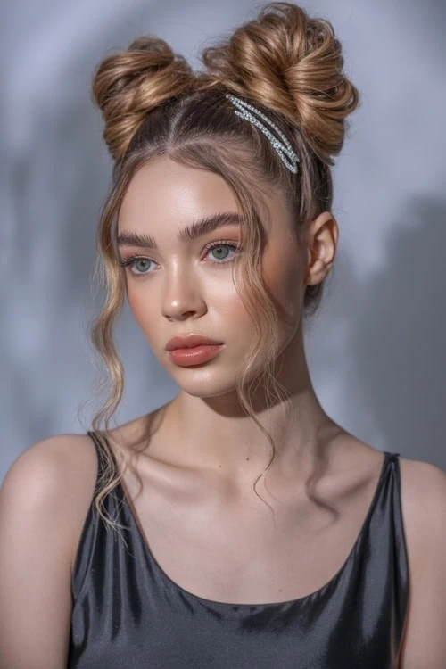 young woman with space buns hairstyle for summer