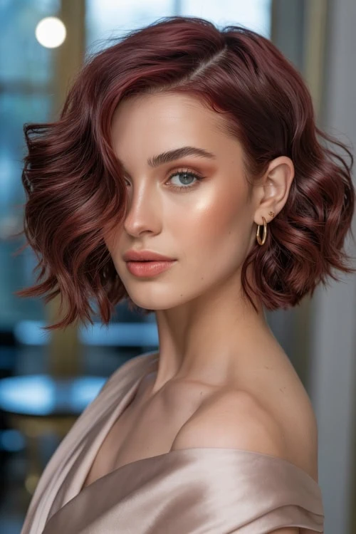 woman with short wine red color hair