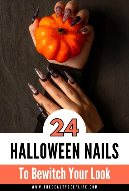 femals hands with long halloween nails and a pumpkin