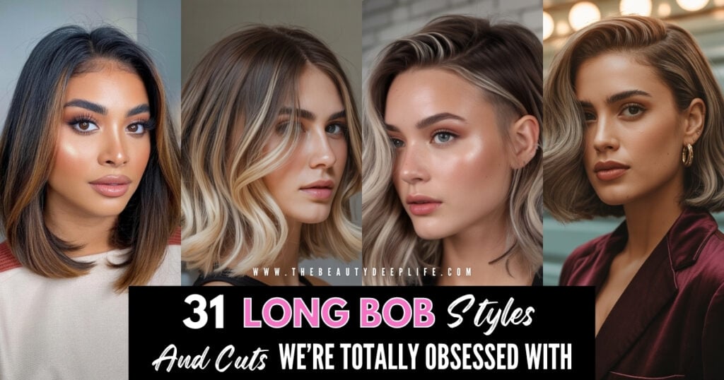four women with different long bob styles and cuts
