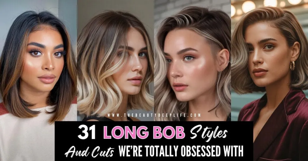 four women with different long bob styles and cuts