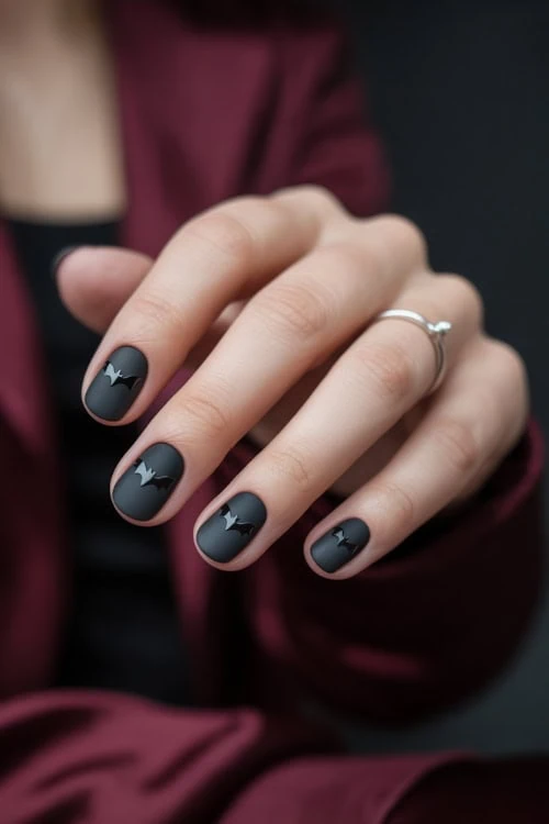 female hand with matte black nails with bats for halloween