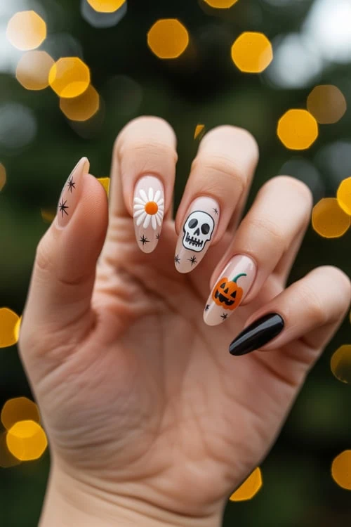 female hand with mix and match halloween nails