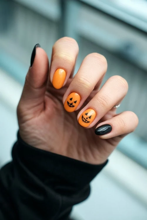 woman with orange and black nails for halloween