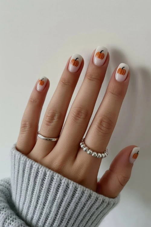 female hand with small pumpkins painted on each nail for halloween