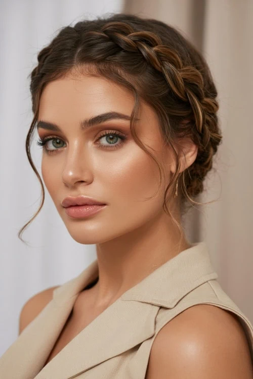 young woman with a Hairstyle for medium length hair that has a braided crown
