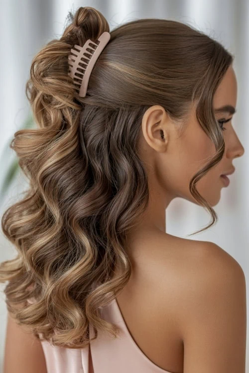 young woman with medium length hair in a half up hairstyle