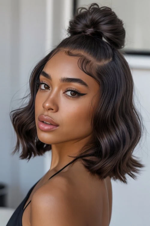 young woman with medium length hair in a half up wavy and top knot hairstyle