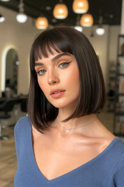 woman with long bob and blunt bangs