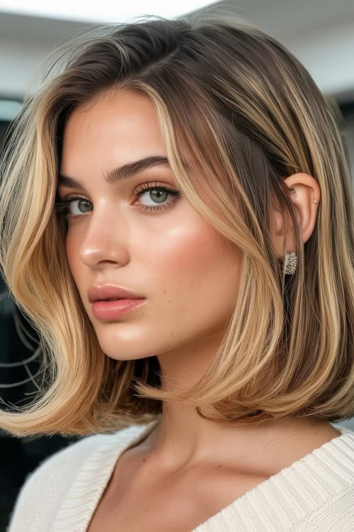 woman with lob and blonde face framing highlights