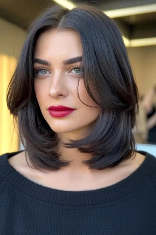 woman with a long bob with a middle part and face framing layers