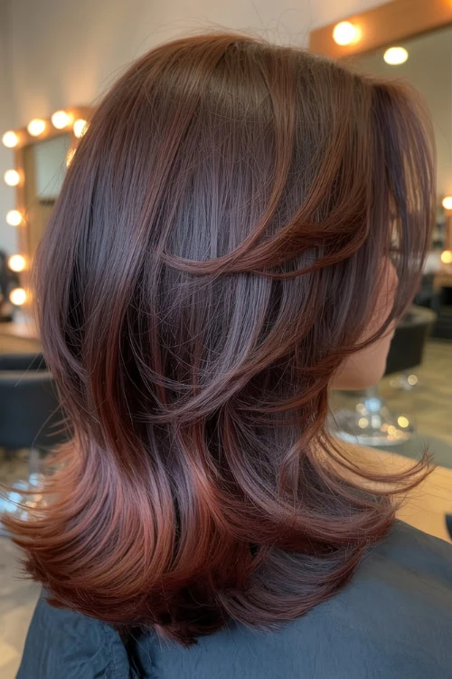 woman with dark brown to copper red balayage hair color for fall