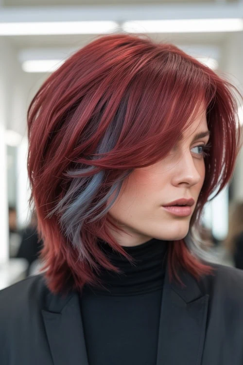 woman with burgundy hair and a blue streak for fall