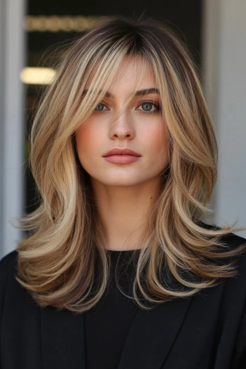 woman with a hairstyle for medium length hair that is feathered