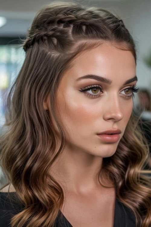 young woman with a hairstyle for medium length hair that is half up and braided